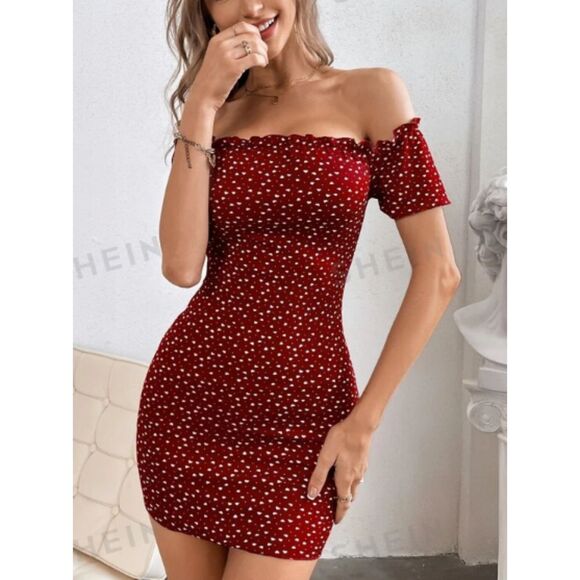 SHEIN VCAY NWT Heart Print Off Shoulder Frill Trim Knitted Bodycon Dress - Picture 5 of 6